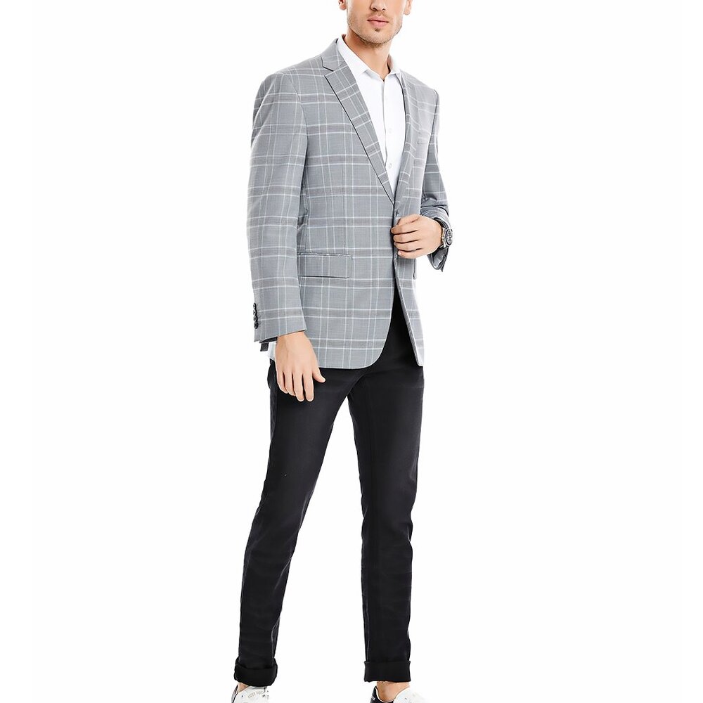 Light Grey Plaid Notch Lapel Men's Jacket